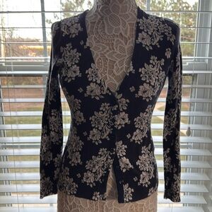 Tommy Hilfiger Size S Navy and White Floral Cardigan Cotton Sweater Long Sleeves